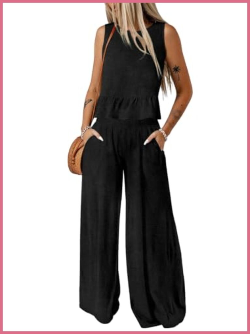 2 Piece Outfit Sleeveless Tank Top Wide Leg Pants Set Casual Workwear